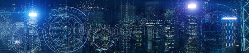 Механизмы cogs и колеса снаряжения. Hitech. Абстрактная фон бизнеса и технологий. Современный город ночи. стоковая фотография