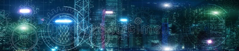Механизмы cogs и колеса снаряжения. Hitech. Абстрактная фон бизнеса и технологий. Современный город ночи. стоковое фото rf