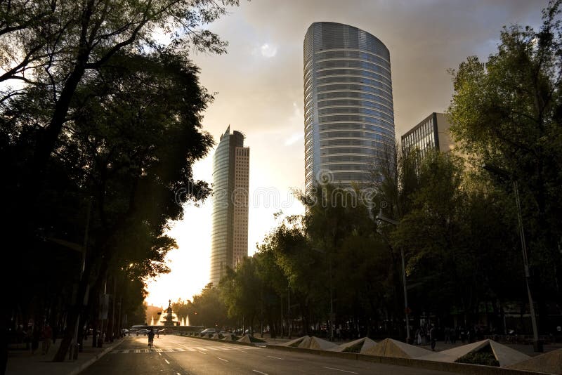 Reforma avenue in Mexico City at sunset. Reforma avenue in Mexico City at sunset