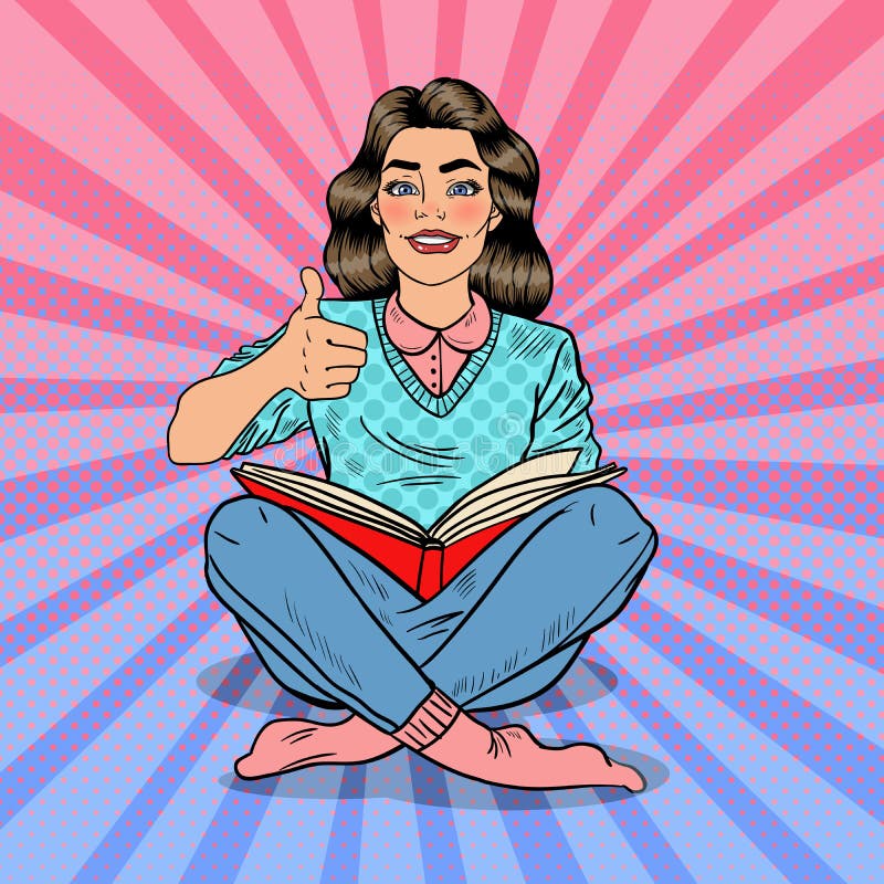 Pretty Pop Art Young Woman Sitting and Reading Book with Hand Sign Thumb Up. Vector illustration. Pretty Pop Art Young Woman Sitting and Reading Book with Hand Sign Thumb Up. Vector illustration