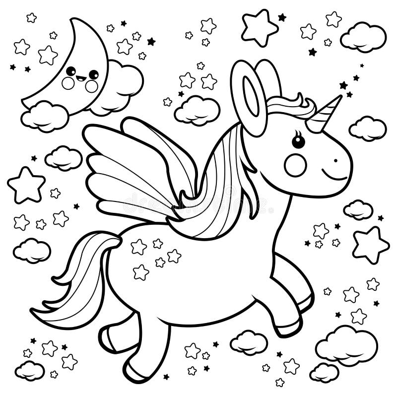 A cute unicorn flying in the night sky with moon, stars and clouds. Vector black and white coloring page. A cute unicorn flying in the night sky with moon, stars and clouds. Vector black and white coloring page.