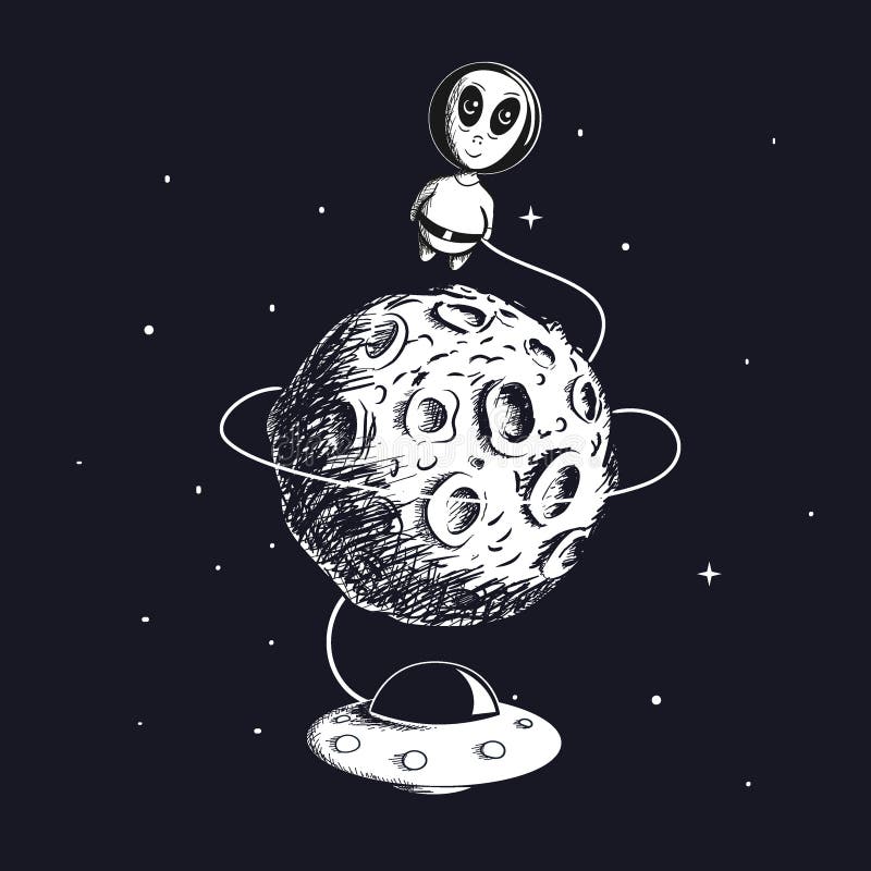 Милое летание чужеземца вокруг луны с UFO иллюстрация вектора Милое летание чужеземца вокруг луны с UFO иллюстрация вектора