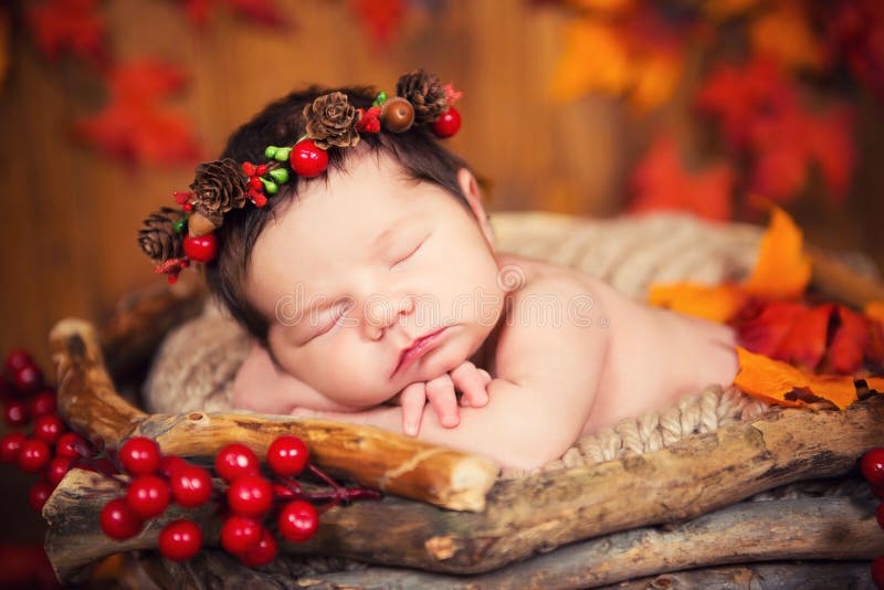 Милый newborn младенец в венке конусов и ягоды в корзине с листьями осени стоковое фото rf Милый newborn младенец в венке конусов и ягоды в корзине с листьями осени стоковое фото rf