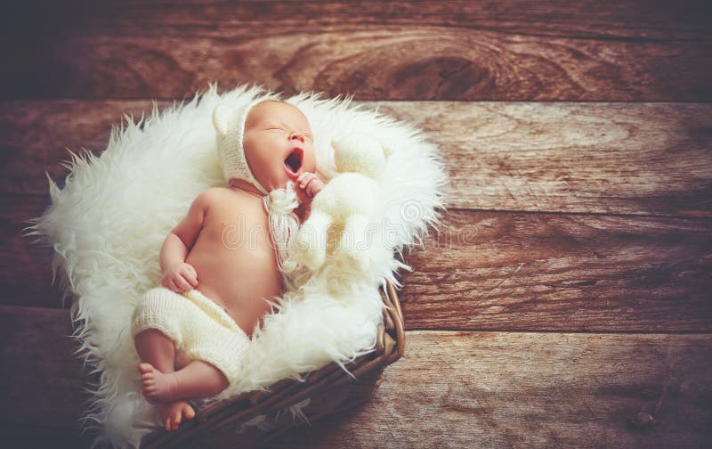 Милый newborn младенец в медведе шляпа спит в корзине с игрушечным игрушки стоковое изображение rf