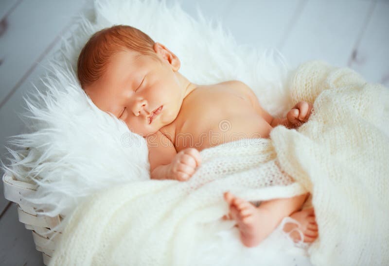 Милый newborn младенец спит в корзине стоковые фото