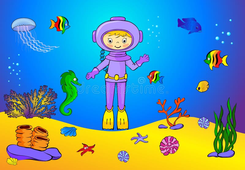 Милый водолаз и рыбы акваланга шаржа под водой Морской конек, jellyfi иллюстрация вектора Милый водолаз и рыбы акваланга шаржа под водой Морской конек, jellyfi иллюстрация вектора