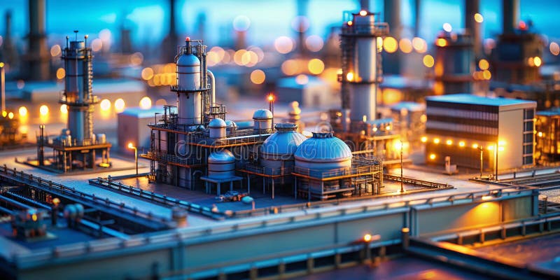 Микрокосм глобальной энергетики Миниатюрный нефтеперерабатывающий завод на Tilt-Shift фотографии запечатлевает сложность энергетик бесплатная иллюстрация
