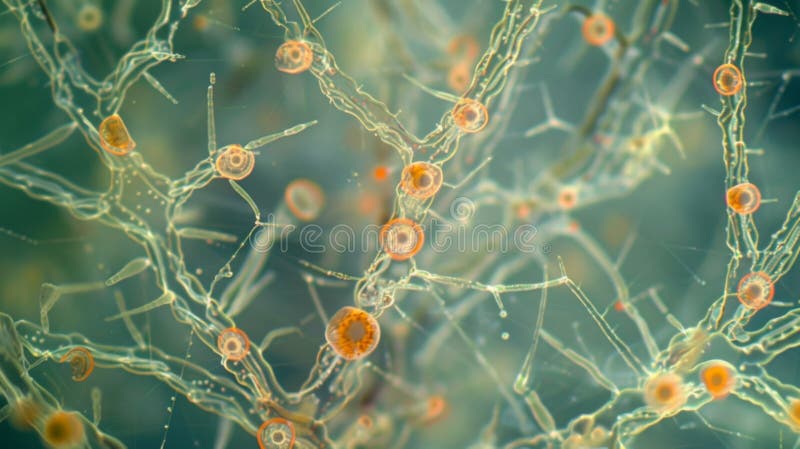 Microphotograph of mycorrhizal fungi a symbiotic organism that forms a network around plant roots aiding in nutrient absorption and AI generated. Microphotograph of mycorrhizal fungi a symbiotic organism that forms a network around plant roots aiding in nutrient absorption and AI generated