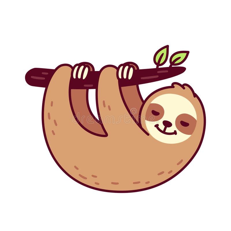 Cute sloth hanging from tree branch. Funny hand drawn cartoon character vector illustration. Cute sloth hanging from tree branch. Funny hand drawn cartoon character vector illustration