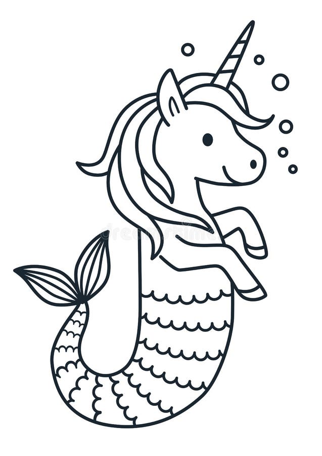 Cute unicorn mermaid coloring page cartoon illustration. Magical creature with unicorn head and body and fish tail. Dreaming, magic, believe in yourself, fairy tale mythical theme element. Cute unicorn mermaid coloring page cartoon illustration. Magical creature with unicorn head and body and fish tail. Dreaming, magic, believe in yourself, fairy tale mythical theme element