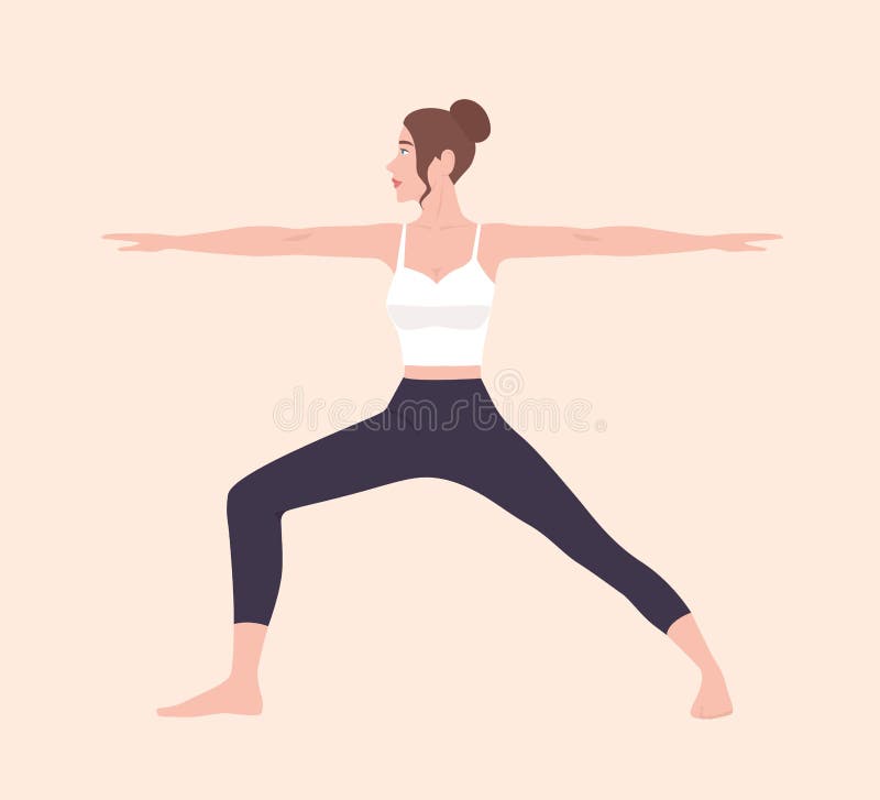 Милая тонкая женщина в Virabhadrasana II или представлении воина Женский персонаж из мультфильма демонстрируя позицию йоги Hatha иллюстрация штока Милая тонкая женщина в Virabhadrasana II или представлении воина Женский персонаж из мультфильма демонстрируя позицию йоги Hatha иллюстрация штока