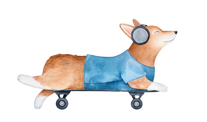 Милое красное катание щенка corgi валийца Пембрука на скейтборде и слушать к музыке с большими черными наушниками бесплатная иллюстрация