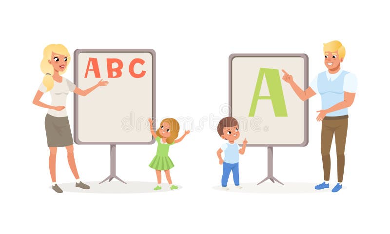 Милые дети учатся алфавит со своими преподавателями в векторе мультфильма образования детей урока, учрежденном и концепции образов иллюстрация штока