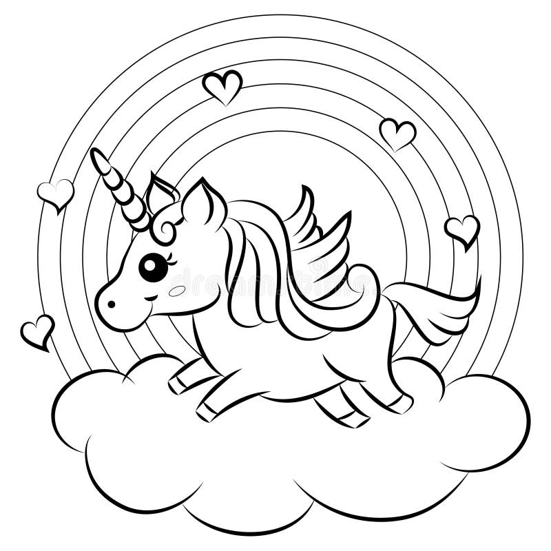 Cute Cartoon Vector Unicorn running on clouds with rainbow Illustration Coloring Page with the word Magical. Cute Cartoon Vector Unicorn running on clouds with rainbow Illustration Coloring Page with the word Magical.