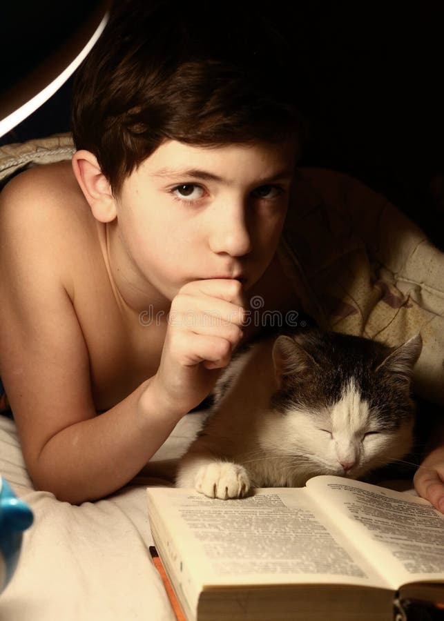 Милый мальчик preteen с лампой и котом книги в кровати стоковая фотография rf Милый мальчик preteen с лампой и котом книги в кровати стоковая фотография rf