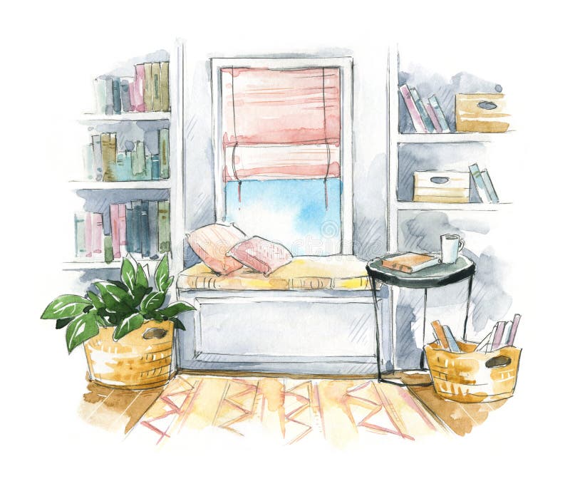 Watercolor interior sketch, a cozy window seat with bookshelves on the side. Watercolor interior sketch, a cozy window seat with bookshelves on the side.