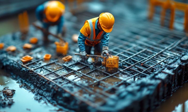 Миниатюрные строители закладывают фундамент в детальную модель стоковые фотографии rf