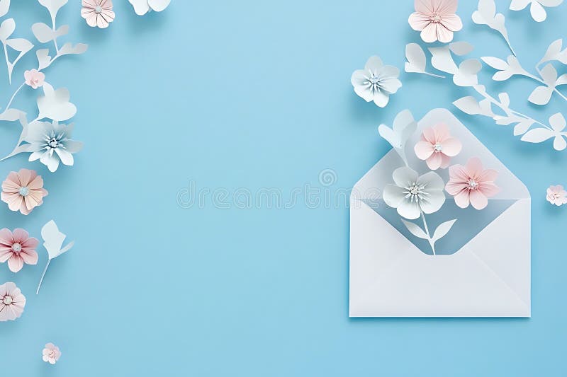 Минималистская весенняя плоская лея : Открыть конверт с цветами PaperCut на синем фоне пастели. Открытый конверт с цветами на синем фоне пастели. Идеально подходит для Дня матери или искусственного интеллекта