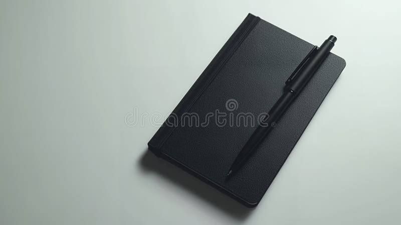 Минималистская композиция, изображающая черную тетрадь с пером на фоне белой поверхности. ИИ поколения