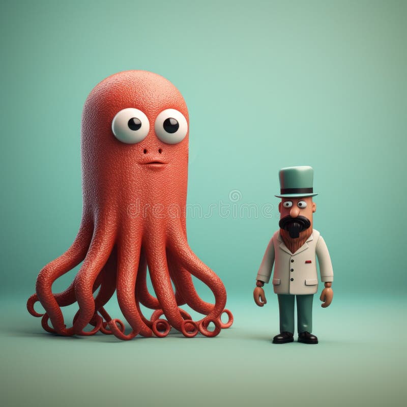 минималистский 3d осьминог и джон : иллюстрация с ностальгическим анимационным фильмом иллюстрация штока