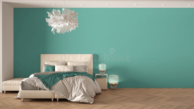 Minimalist turquoise background with master bedroom in contemporary space with parquet floor, double bed, pendant lamp and pillows, luxury interior design template, copy space mock-up. Minimalist turquoise background with master bedroom in contemporary space with parquet floor, double bed, pendant lamp and pillows, luxury interior design template, copy space mock-up