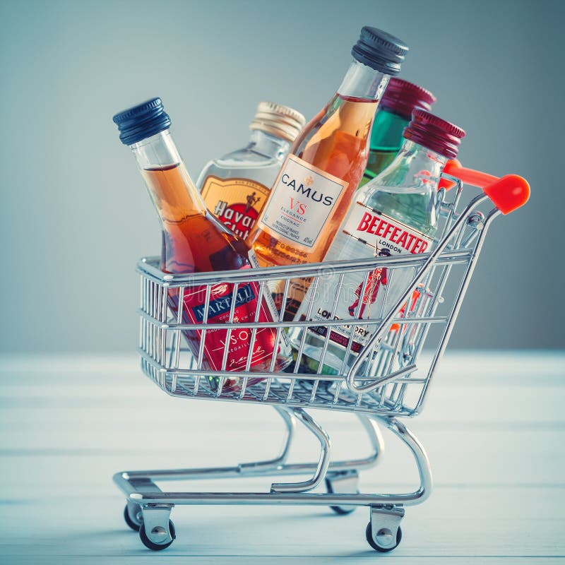 Minsk, Belarus - January 16, 2018: Illustrative editorial photo of mini shopping cart full of small alcohol bottles - Jameson whiskey, Camus and Martell cognacs, Havana club rum, Beefeater gin. Minsk, Belarus. Minsk, Belarus - January 16, 2018: Illustrative editorial photo of mini shopping cart full of small alcohol bottles - Jameson whiskey, Camus and Martell cognacs, Havana club rum, Beefeater gin. Minsk, Belarus.