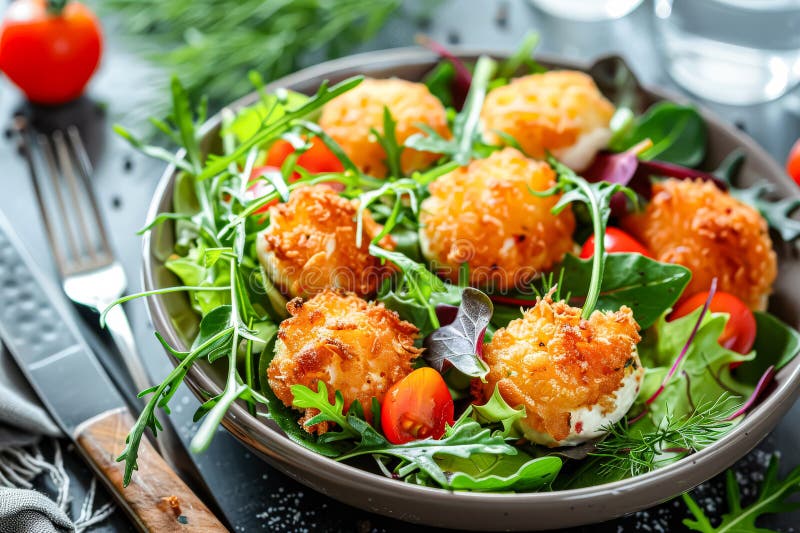 миска салата с разнообразными овощами и несколькими кусочками жареной пищи стоковые изображения rf