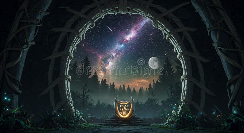 Мистическая ночная сцена Pixel Art : Bone Archway Starry Sky и Ivory Pedestal иллюстрация штока