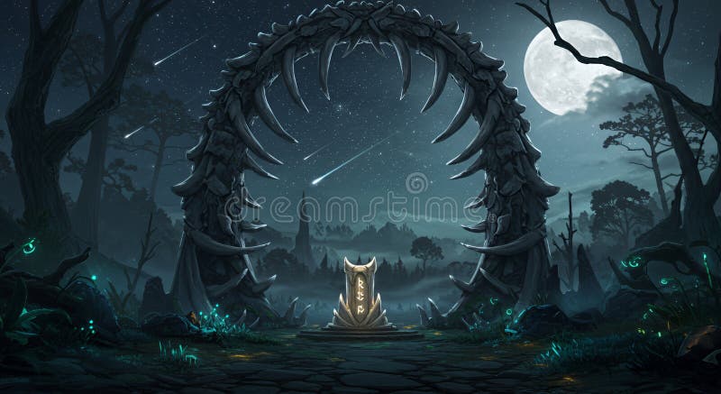 Мистическая ночная сцена Pixel Art с костной аркой и светящимся пьедесталом иллюстрация вектора