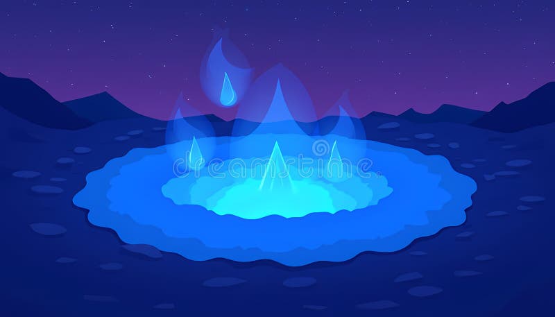 Мистический синий огненный кратер Ночь Pixel Art ландшафт иллюстрация штока
