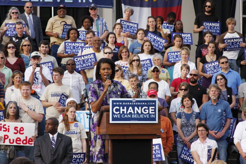 ASHEVILLE, NC - May. 2: Michelle Obama, the wife of presidential candidate Barack Obama speaking at a podium during a campaign rally at the University of North Carolina Asheville on May 2, 2008. ASHEVILLE, NC - May. 2: Michelle Obama, the wife of presidential candidate Barack Obama speaking at a podium during a campaign rally at the University of North Carolina Asheville on May 2, 2008.