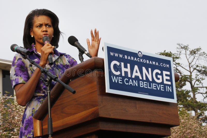 ASHEVILLE, NC - May. 2: Michelle Obama, the wife of presidential candidate Barack Obama speaking at a podium during a campaign rally at the University of North Carolina Asheville on May 2, 2008. ASHEVILLE, NC - May. 2: Michelle Obama, the wife of presidential candidate Barack Obama speaking at a podium during a campaign rally at the University of North Carolina Asheville on May 2, 2008.