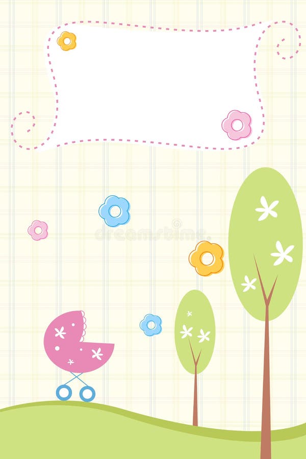 Illustration of card for baby arrival with flowers and tree on checked background. Illustration of card for baby arrival with flowers and tree on checked background