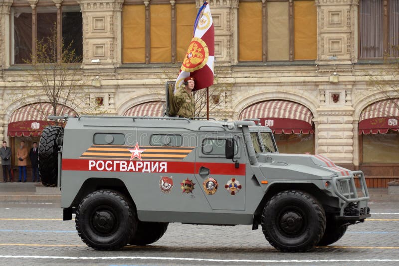 MOSCOW, RUSSIA-MAY 9, 2021:Multi-purpose armored car `Tiger-M` of the Russian National Guard troops at the military parade in honor of Victory Day on Moscow`s Red Square. MOSCOW, RUSSIA-MAY 9, 2021:Multi-purpose armored car `Tiger-M` of the Russian National Guard troops at the military parade in honor of Victory Day on Moscow`s Red Square