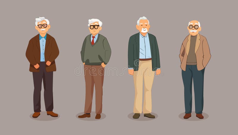 set of people, funny and nice grandfathers in simple flat style, cartoon style, vectorfour people, in jackets and trousers, brown-green palette. set of people, funny and nice grandfathers in simple flat style, cartoon style, vectorfour people, in jackets and trousers, brown-green palette