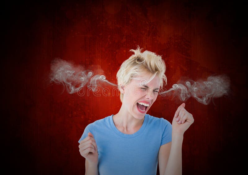 Digital composite of anger young woman with steam on ears. Black and red background. Digital composite of anger young woman with steam on ears. Black and red background