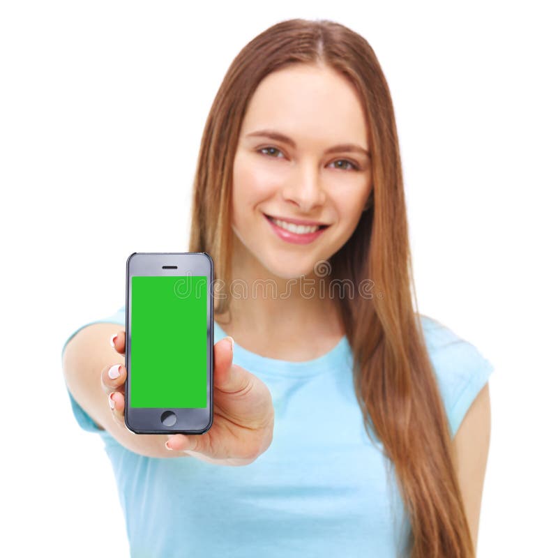 Молодая красивая женщина держа smartphone с copyspace стоковые фотографии rf Молодая красивая женщина держа smartphone с copyspace стоковые фотографии rf
