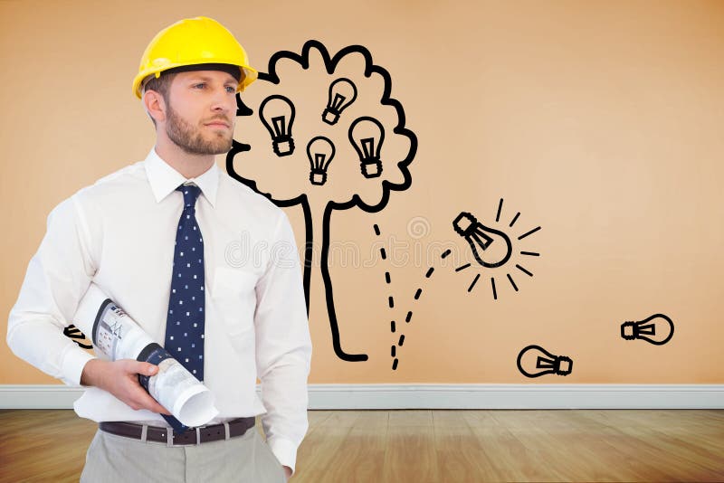 Composite image of young architect posing with hard hat and plan. Composite image of young architect posing with hard hat and plan