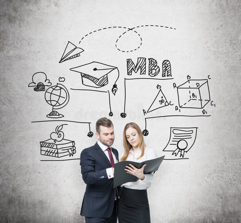 Молодые зажиточные пары думают о степени MBA и проверяют некоторую информацию в черной папке Воспитательная диаграмма притяжка иллюстрация штока Молодые зажиточные пары думают о степени MBA и проверяют некоторую информацию в черной папке Воспитательная диаграмма притяжка иллюстрация штока