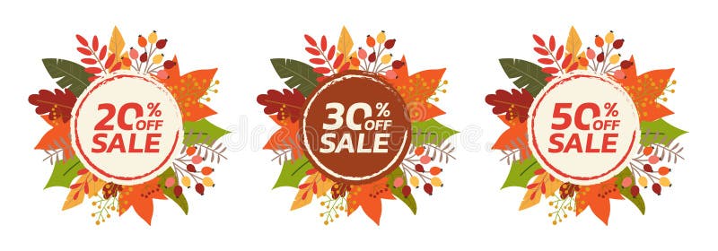 Autumn or Fall sale banner or badge set with leaf frame. 20, 30, 50 percent price off.