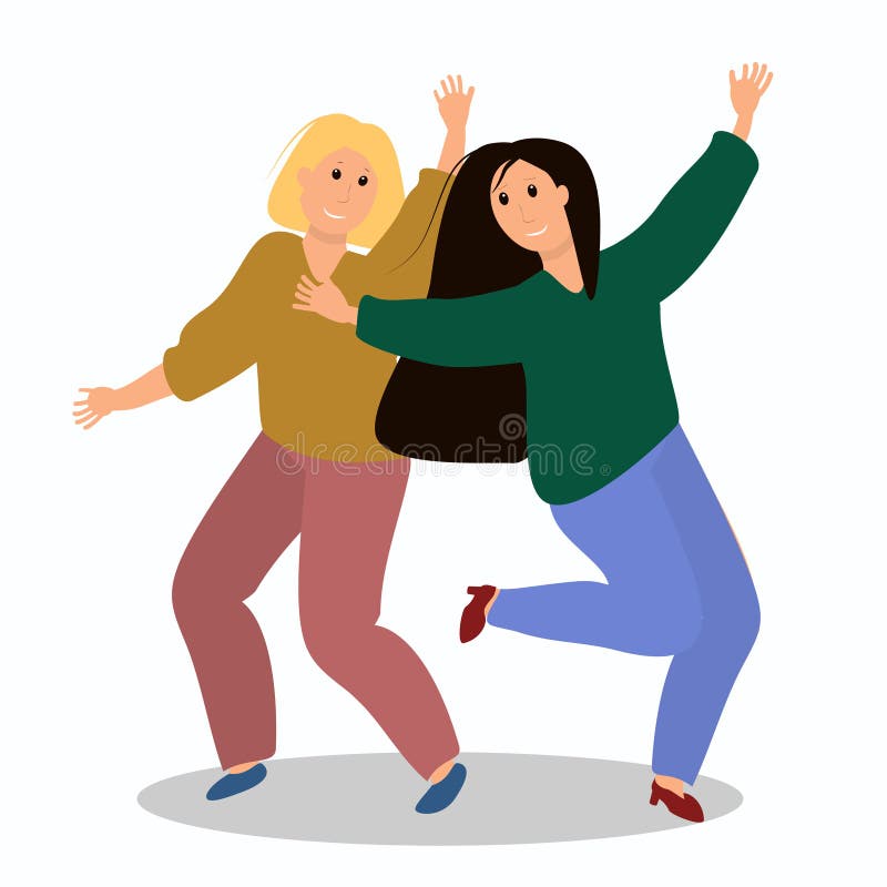 Two young women dancing, vector illustration in flat style