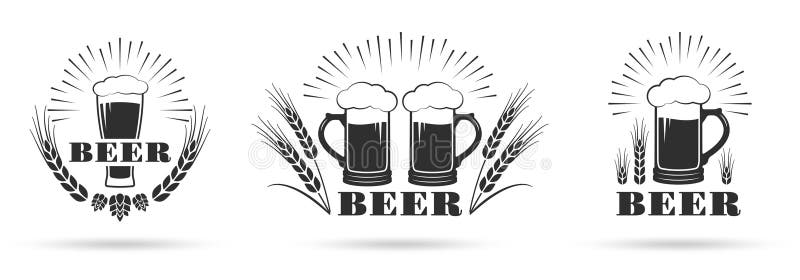 Beer logo, icon, label set. Brewery, pub or bar emblem design template with beer mug or glass. Vintage alcohol drink badge. royalty free illustration