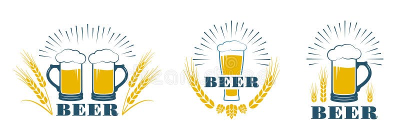 Beer logo, icon, label set. Brewery, pub or bar emblem design template with beer mug or glass. Vintage alcohol drink badge royalty free illustration