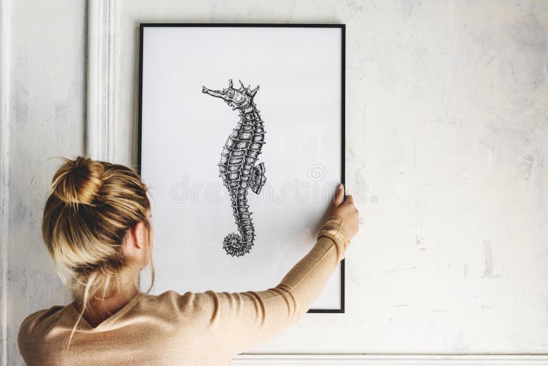 Picture frame mockup with a seahorse drawing. Picture frame mockup with a seahorse drawing