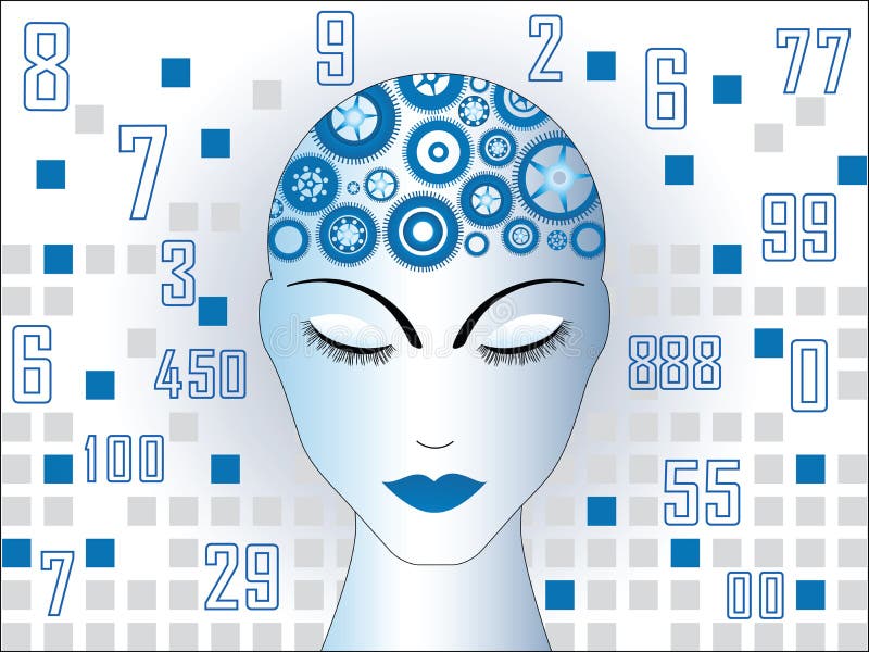 Female with gears in brain area numbers behind. Female with gears in brain area numbers behind