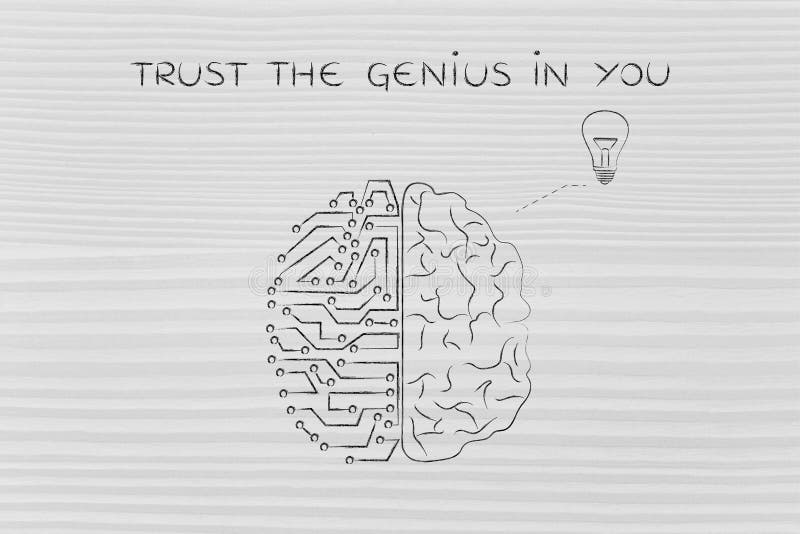 Trust the genius in you: human and artificial brain producing an idea (lightbulb symbol). Trust the genius in you: human and artificial brain producing an idea (lightbulb symbol)