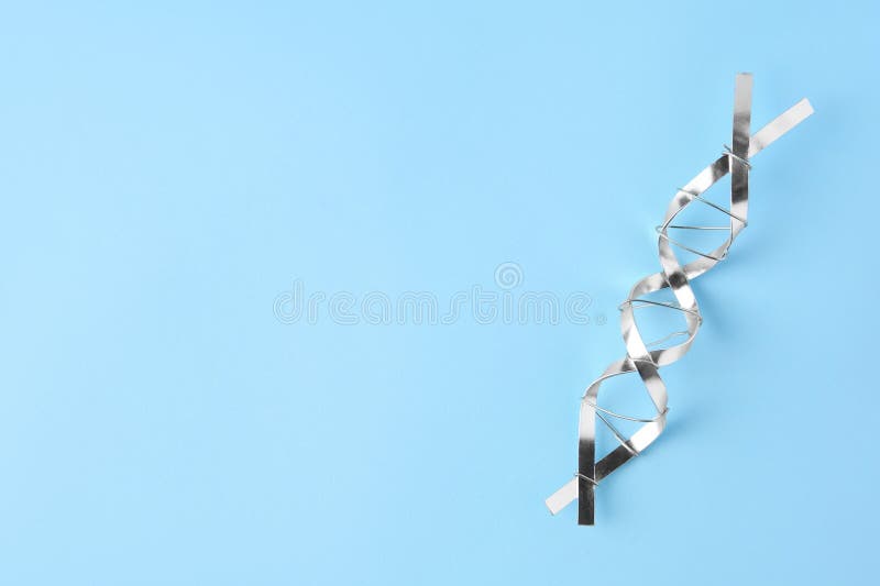 молекулярная цепная модель dna, изготовленная из металла на светло-синем фоне сверху. пробел для текста стоковая фотография