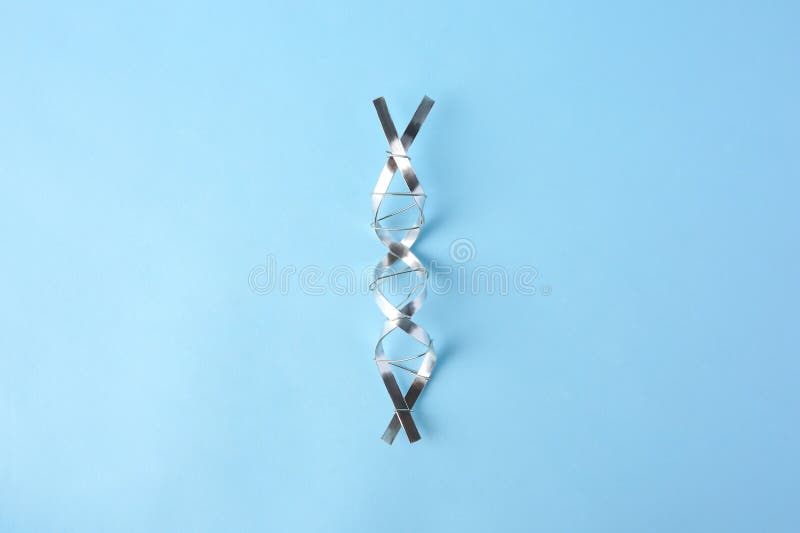 молекулярная цепная модель dna, изготовленная из металла на светло-синем фоне сверху стоковое изображение rf