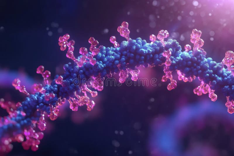 молекулярная цепочка rna взаимодействует с окружающими вирусами в красочном цифровом представлении. аи стоковые фото