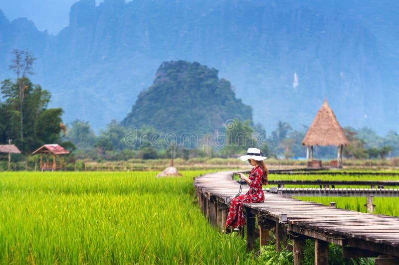 Молодая женщина сидя на деревянном пути с зеленым полем риса в Vang Vieng, Лаосе стоковые изображения rf